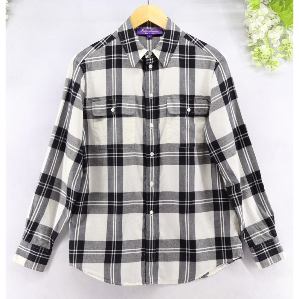 Ralph Lauren Women's Purple Label Darleen Plaid Shirt Cotton Old Money Sz 4